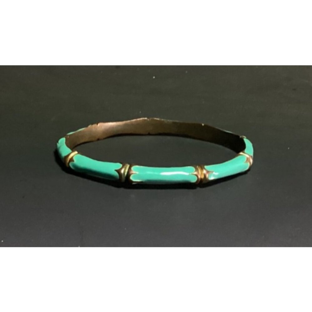 Vtg Fornash Gold Tone Metal and Pastel Teal Enamel Bangle Bracelet Bamboo Design